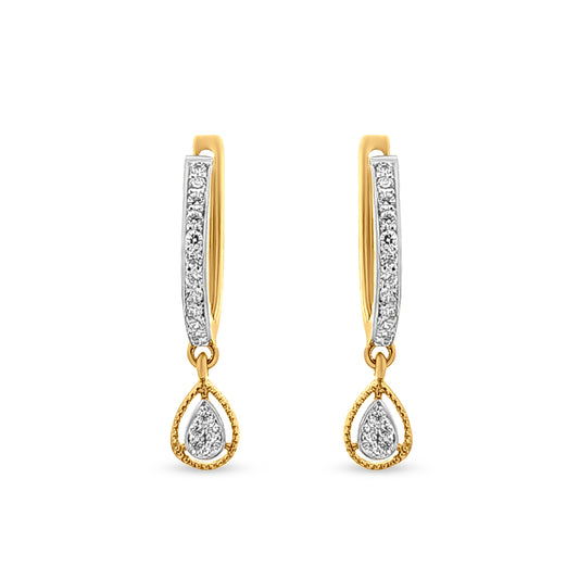 Divya Pear Drops: 18k Yellow Gold Hoops with Pear Drop Charm.