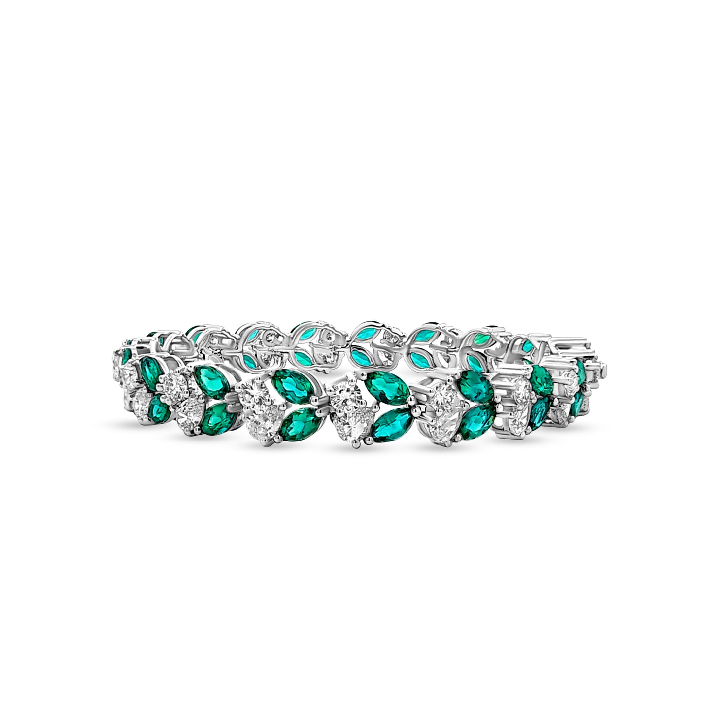 Samriddhi - 14K White Gold Pear, Round Diamond, and Emerald Stone Bracelet