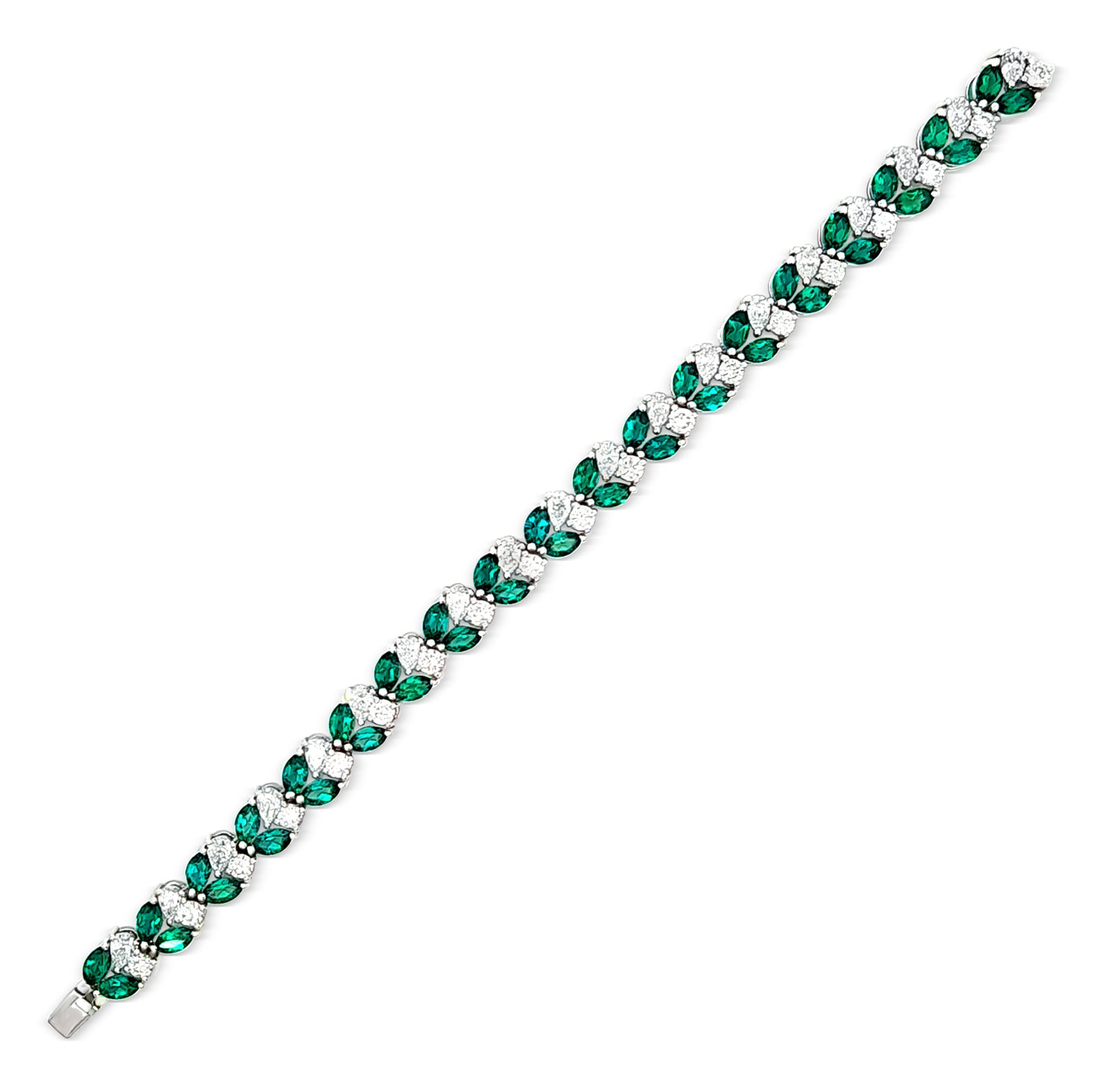 Samriddhi - 14K White Gold Pear, Round Diamond, and Emerald Stone Bracelet