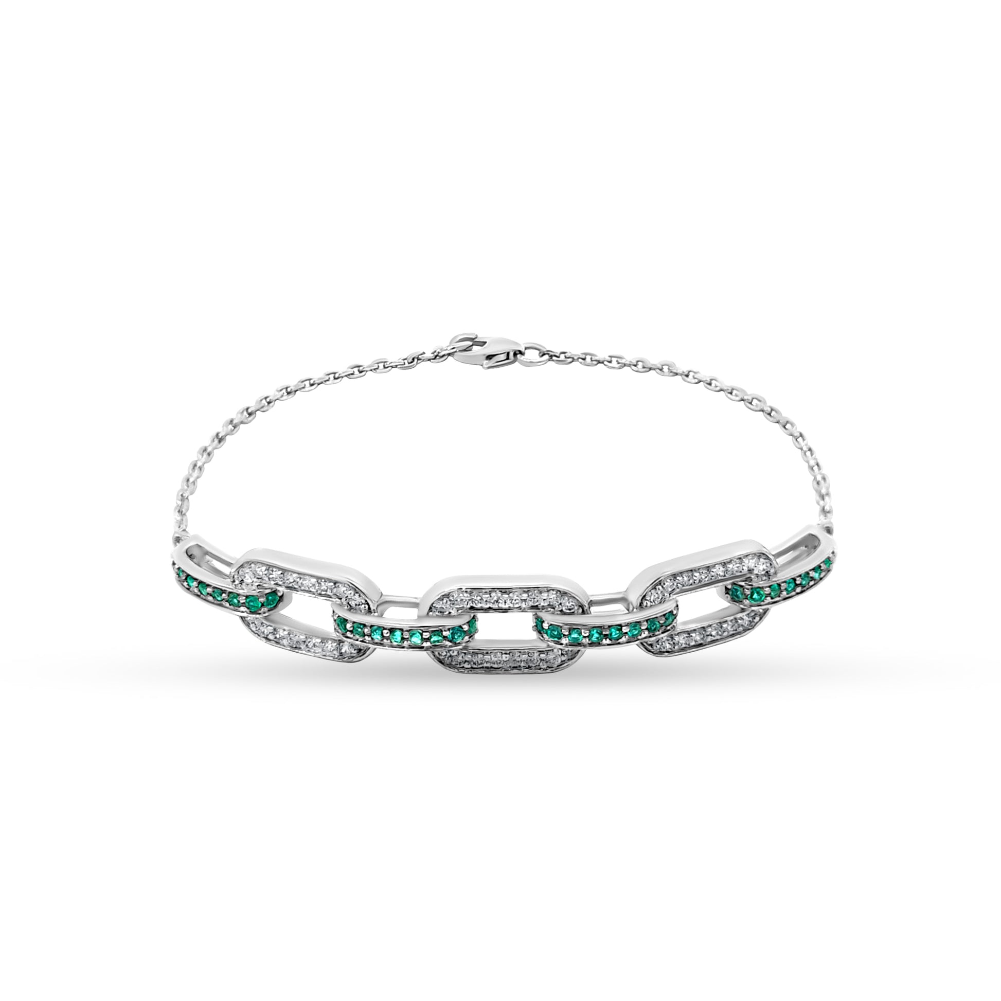 14K White Gold Diamond and Emerald Chain Bracelet