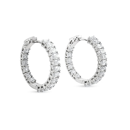 14K White Gold Emerald-Cut and Round Diamond Hoop Earrings