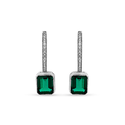 14K White Gold Hoop Earrings with Hanging Emerald