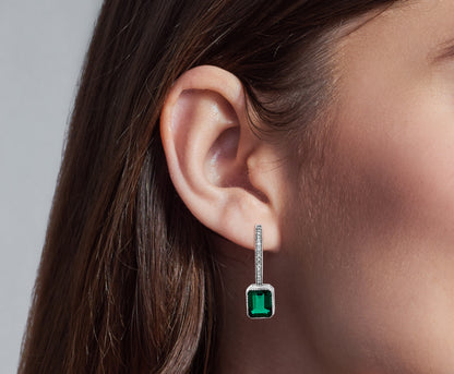 14K White Gold Hoop Earrings with Hanging Emerald