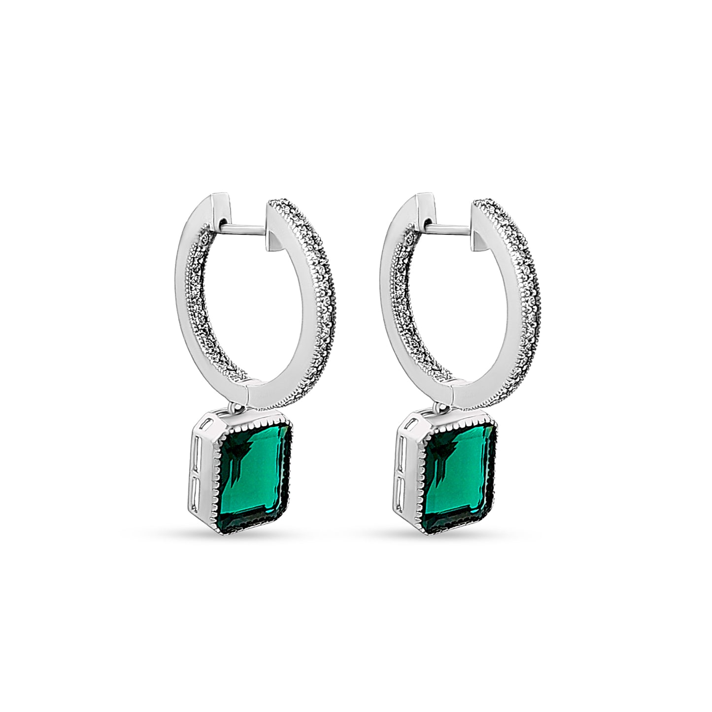 14K White Gold Hoop Earrings with Hanging Emerald