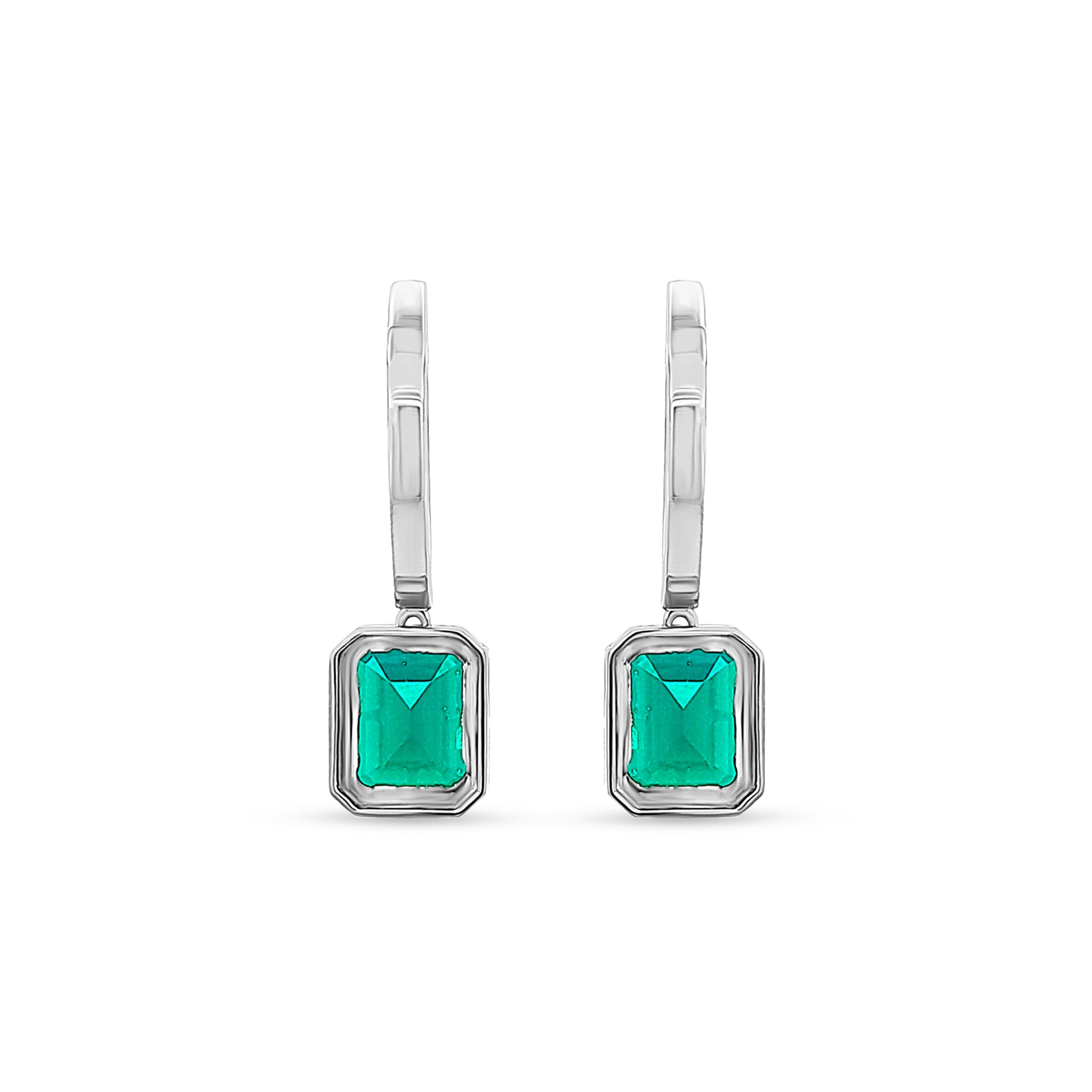 14K White Gold Hoop Earrings with Hanging Emerald