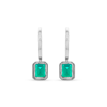 14K White Gold Hoop Earrings with Hanging Emerald