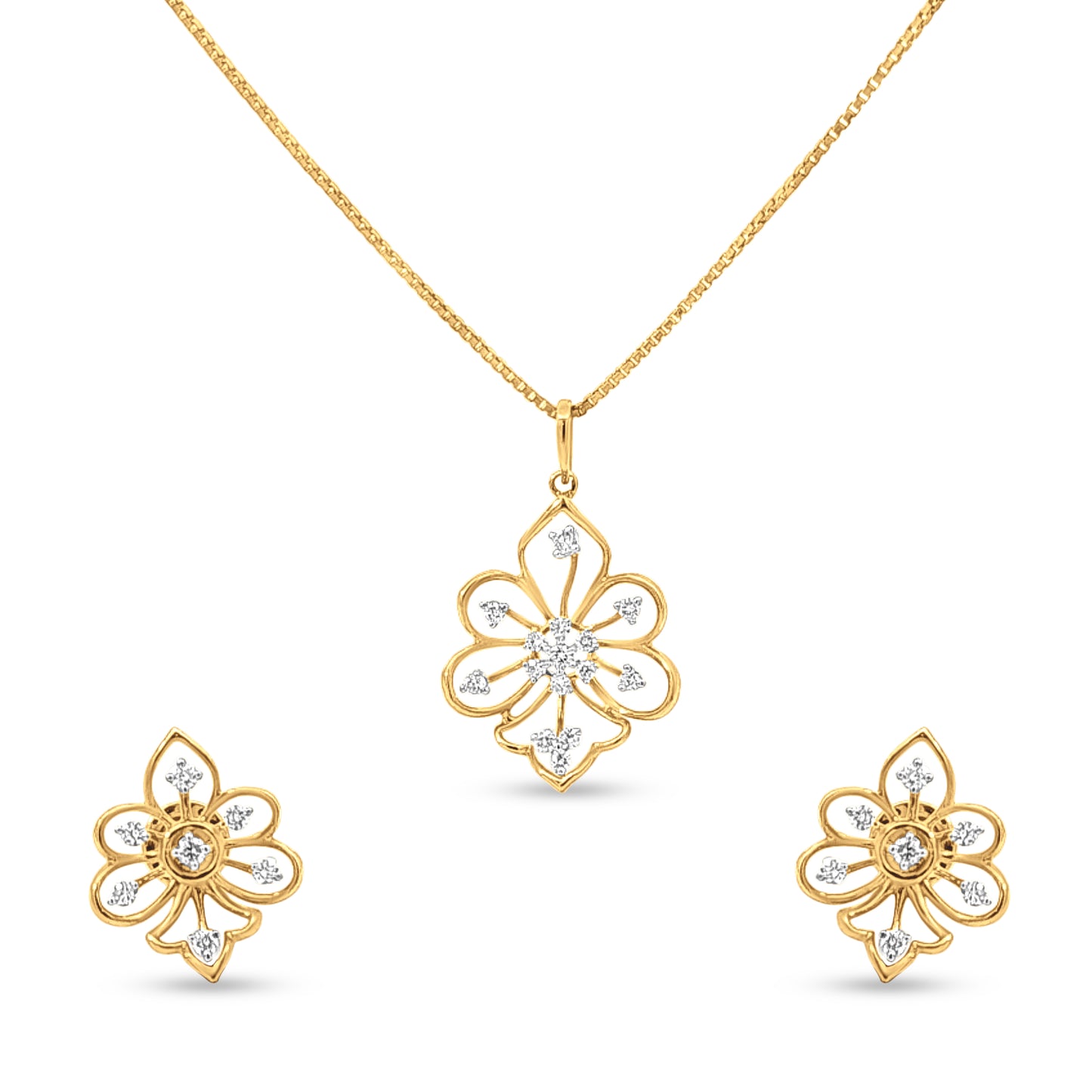 18k Gold Pan Leaves Diamond Pendant Necklace Set