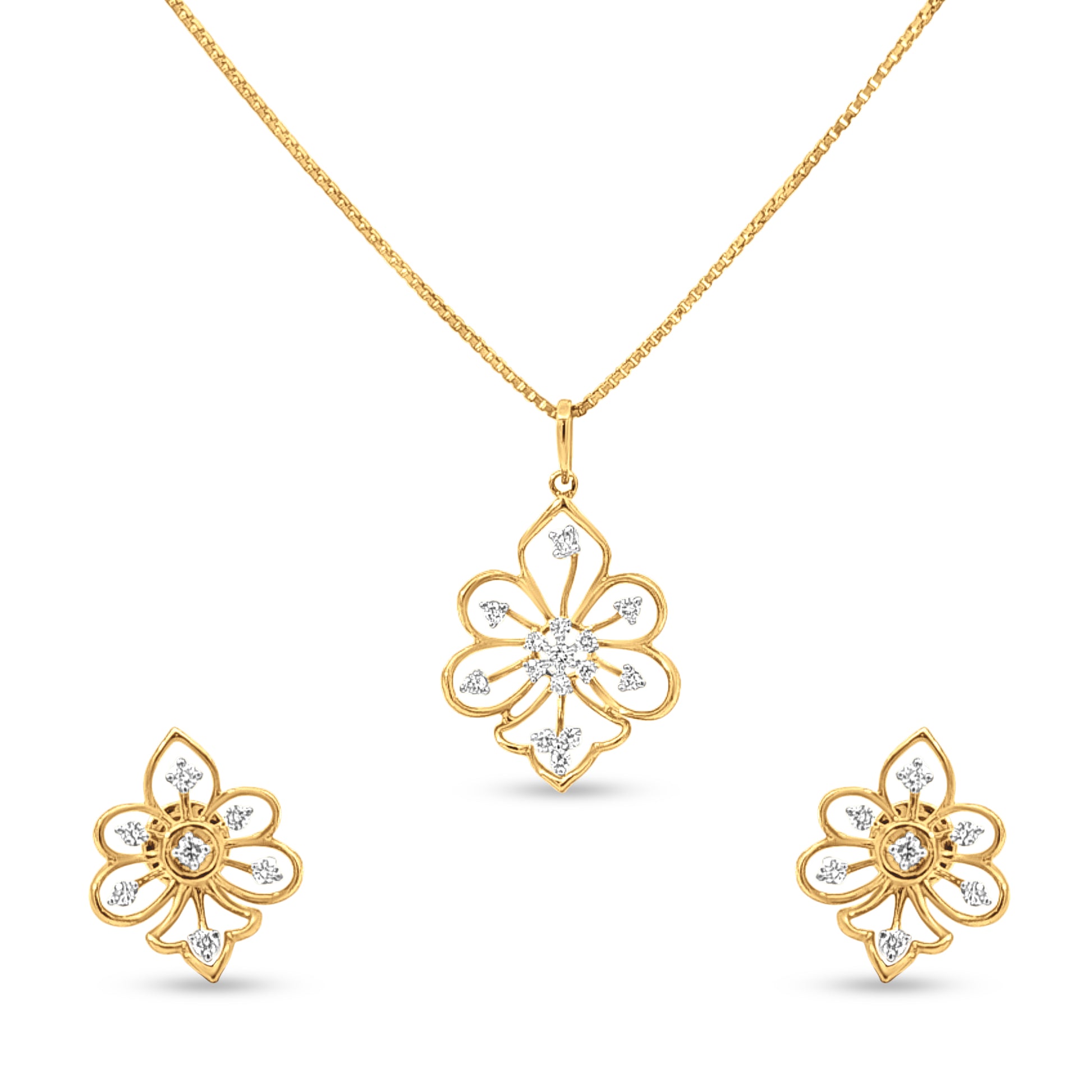 18k Gold Pan Leaves Diamond Pendant Necklace Set