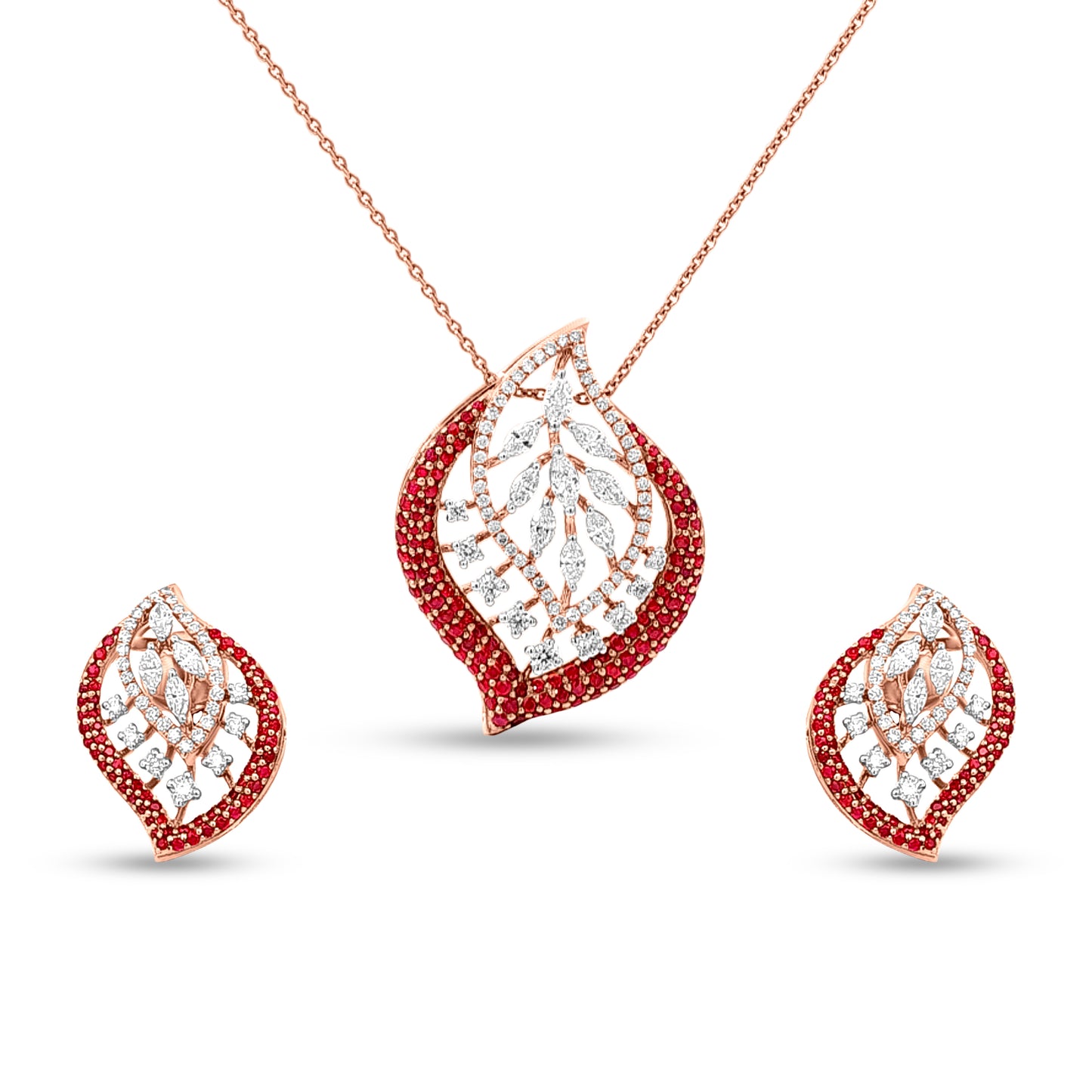 18k Rose Gold Diamond Leaf Pendant and Earrings Set