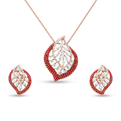 18k Rose Gold Diamond Leaf Pendant and Earrings Set