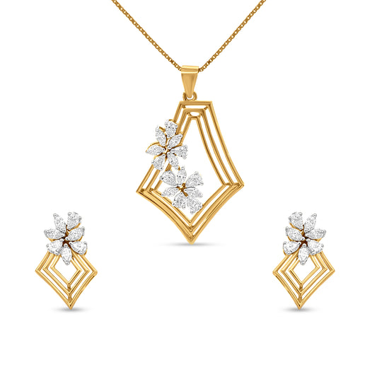 18k Gold Marquise Diamond Earrings and Pendant Necklace Set