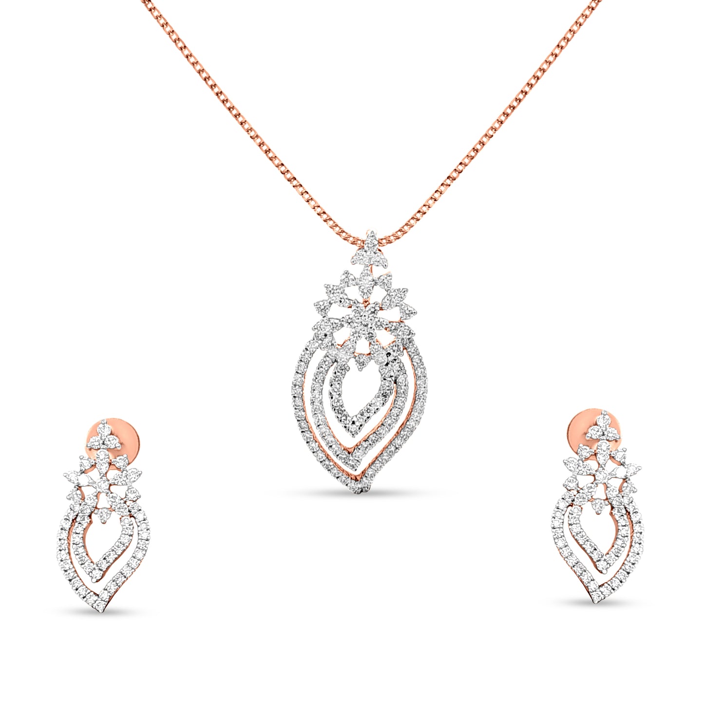 Gold Burning Flame Diamond Earrings and Pendant Necklace Set