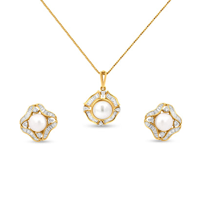 18k Gold Pearl and Baguette Diamond Pendant Set