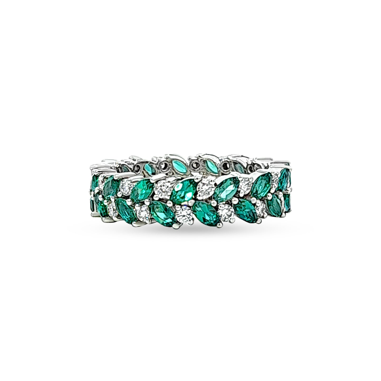 14K White Gold Diamond Band with Emerald Stone