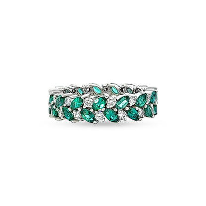 14K White Gold Diamond Band with Emerald Stone