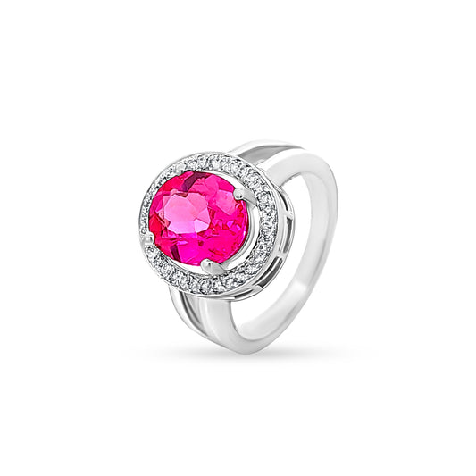 Sharvani - 14K White Gold Halo Ring with Ruby Stone