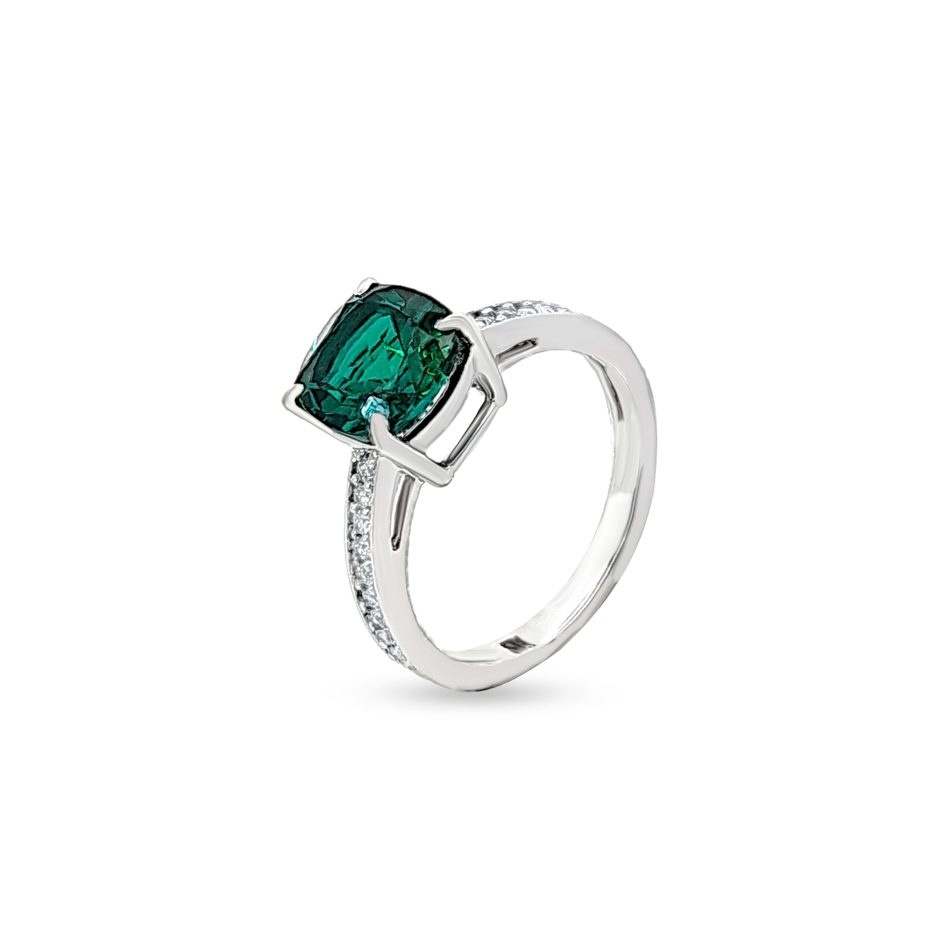 14K White Gold Diamond and Single Emerald Stone Ring