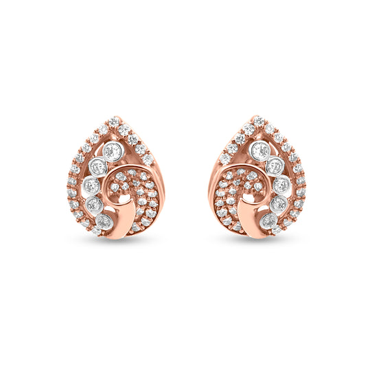 Minimalist Gold Leaf Diamond Stud Earrings: 0.58 Carat Round Diamonds in Bezel and Prong Settings