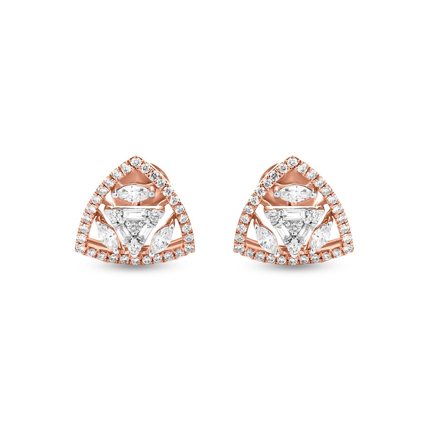 Minimalist Rose Gold Halo Triangle Diamond Stud Earrings with Mixed Diamond Shapes