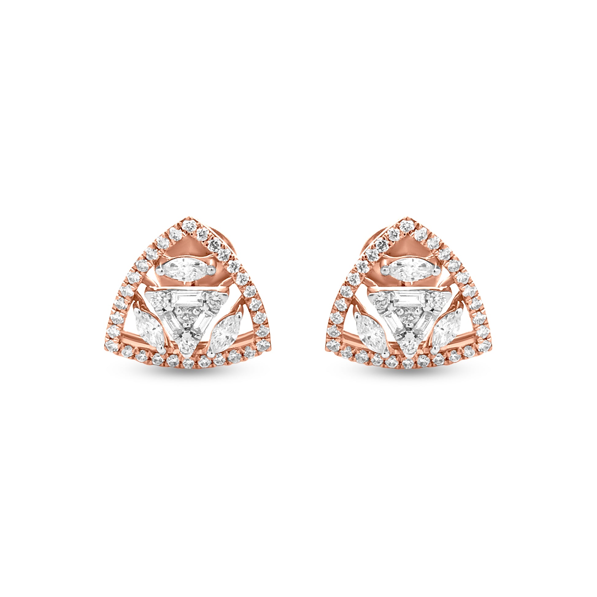 Minimalist Rose Gold Halo Triangle Diamond Stud Earrings with Mixed Diamond Shapes