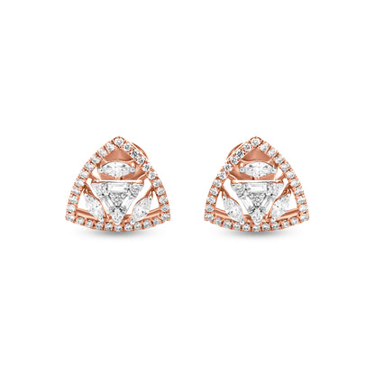 Minimalist Rose Gold Halo Triangle Diamond Stud Earrings with Mixed Diamond Shapes