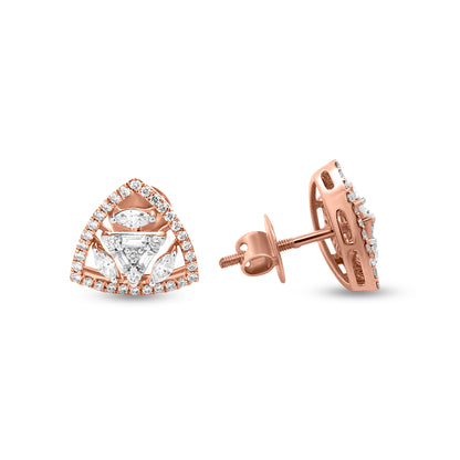 Minimalist Rose Gold Halo Triangle Diamond Stud Earrings with Mixed Diamond Shapes