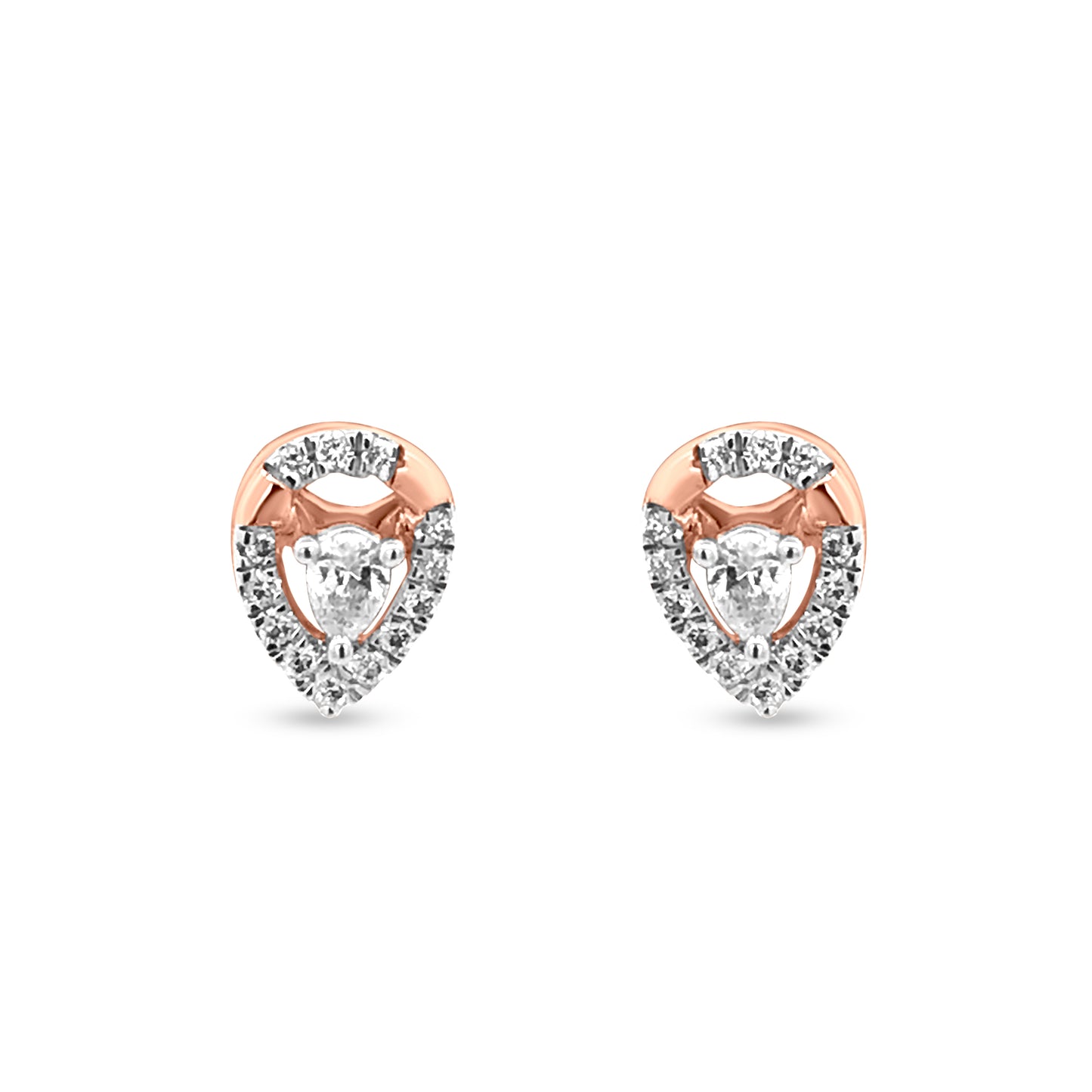 18k Rose Gold Tear Drop Stud Earring with Pear and Round Cut Diamonds