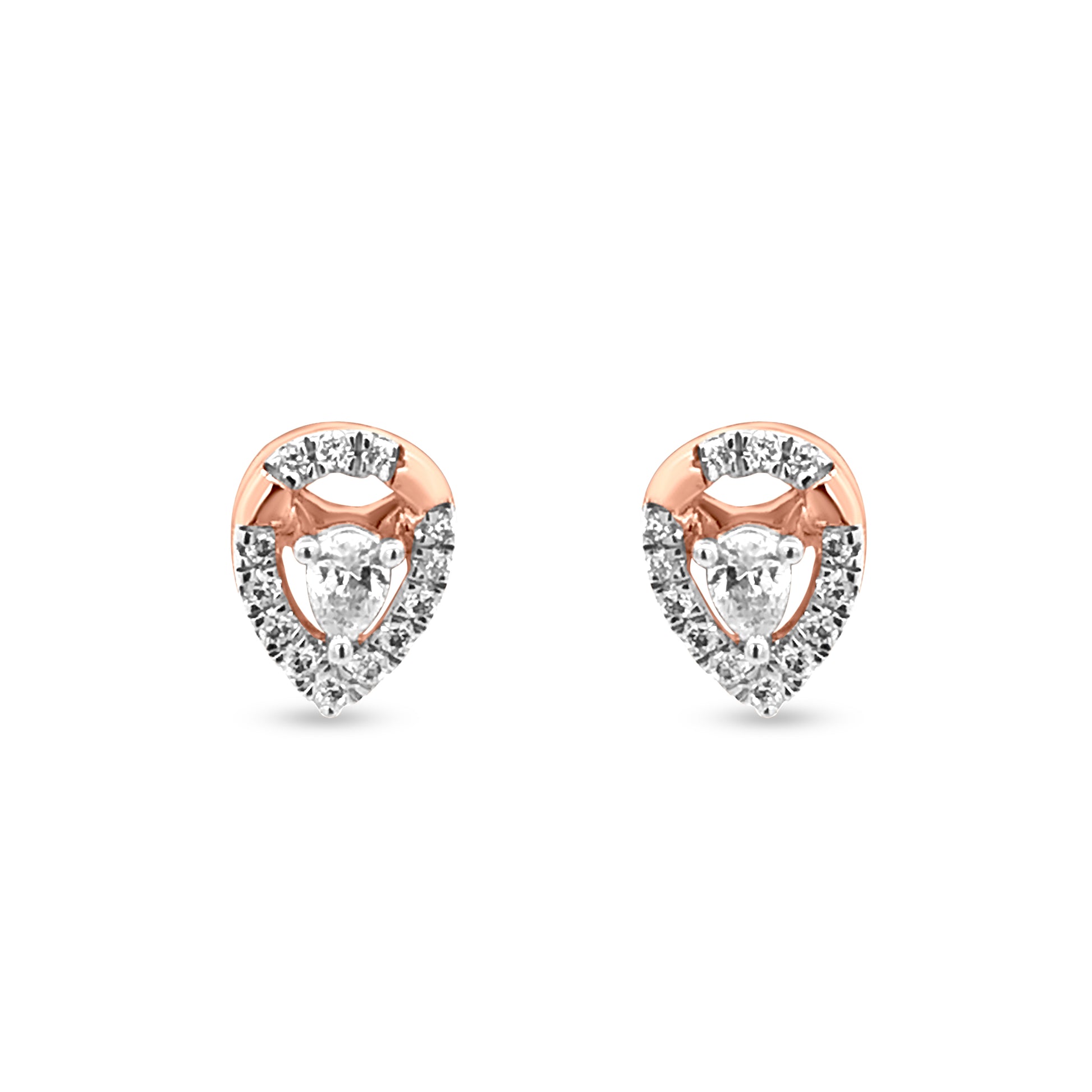 18k Rose Gold Tear Drop Stud Earring with Pear and Round Cut Diamonds