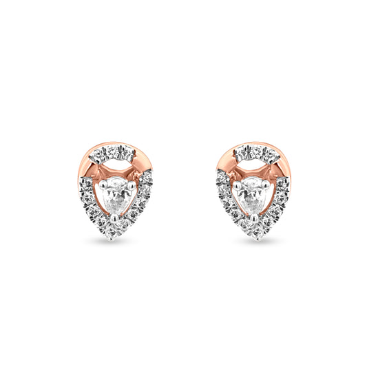 18k Rose Gold Tear Drop Stud Earring with Pear and Round Cut Diamonds