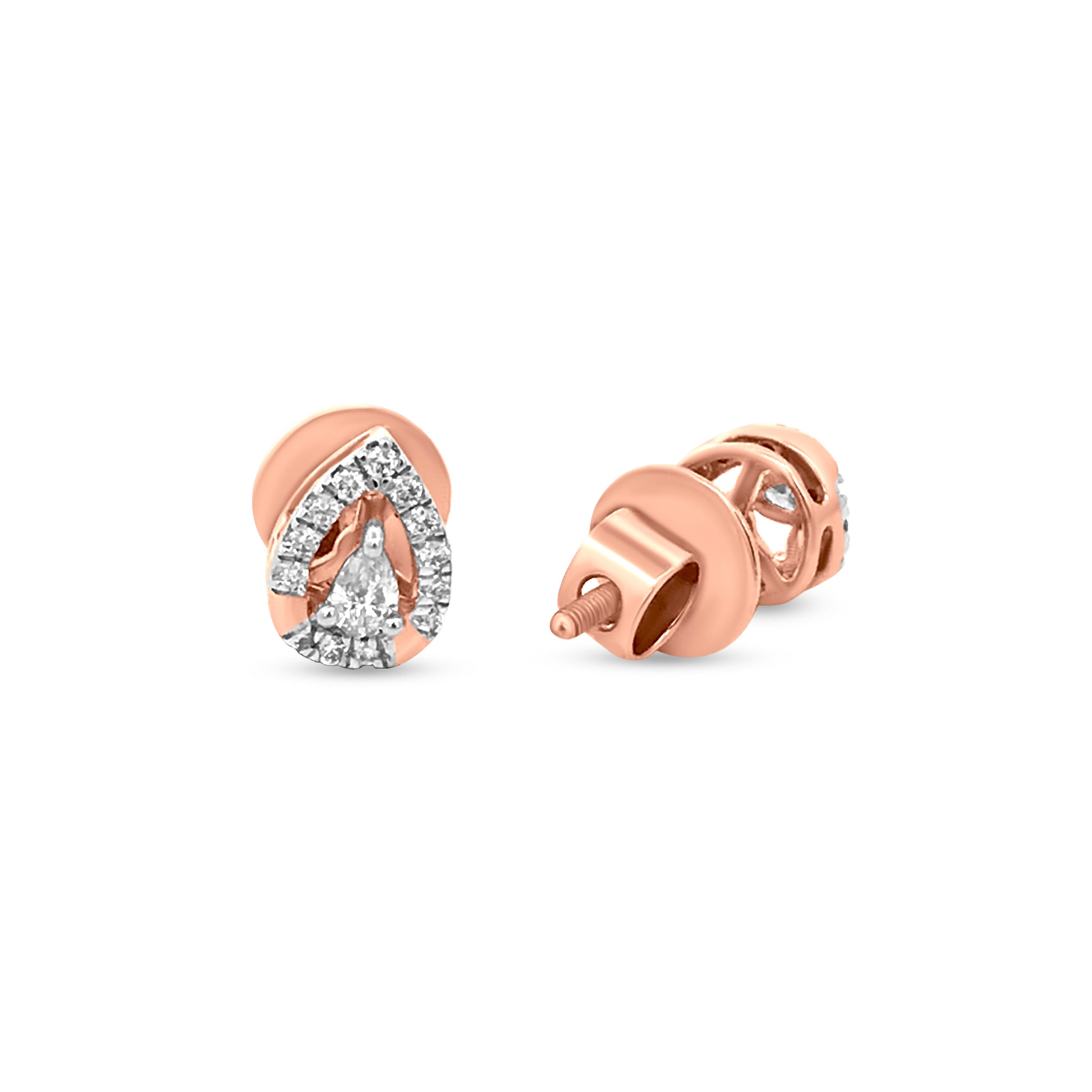 18k Rose Gold Tear Drop Stud Earring with Pear and Round Cut Diamonds