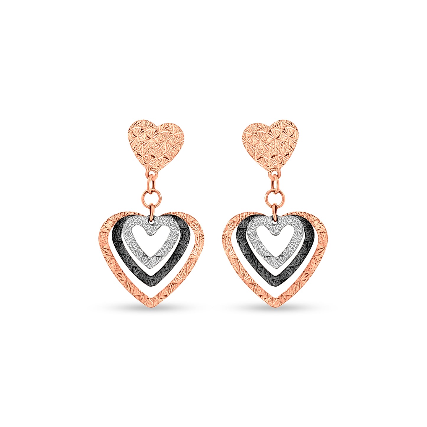 18k Rose Gold Triple Heart Dangle Earrings