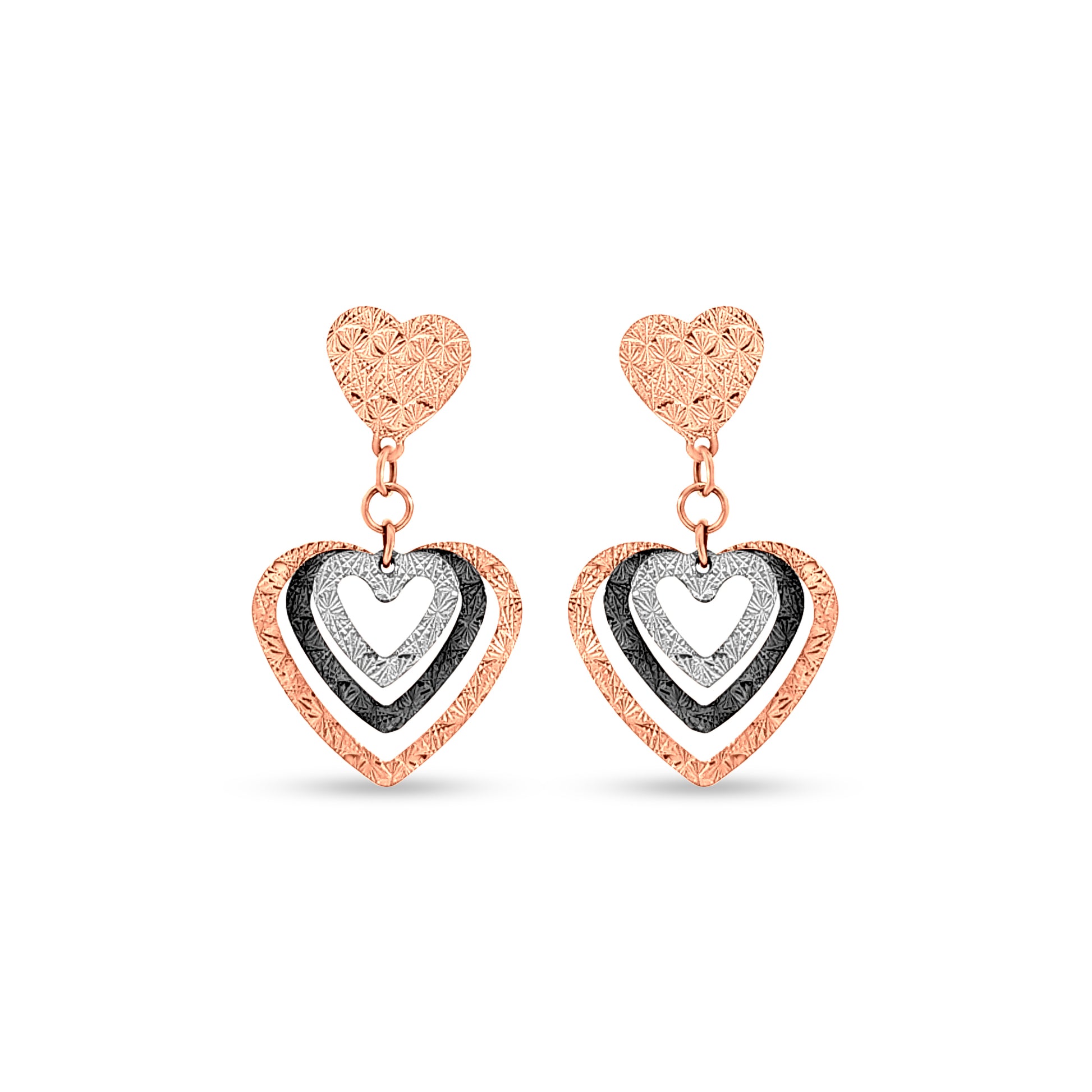 18k Rose Gold Triple Heart Dangle Earrings