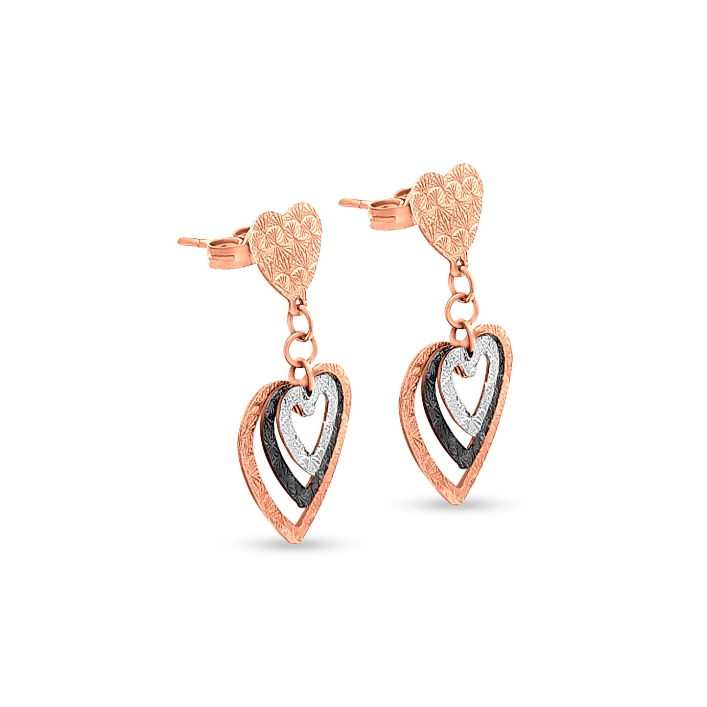 18k Rose Gold Triple Heart Dangle Earrings