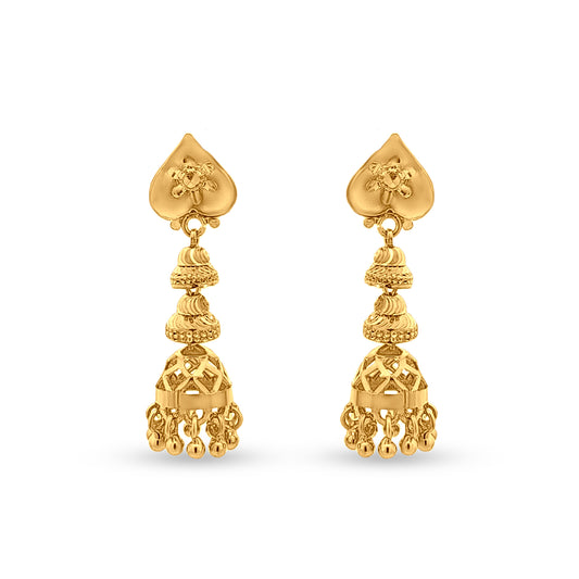 Nritya : 22k Yellow  Gold Modern Bell Motif Jhumkas