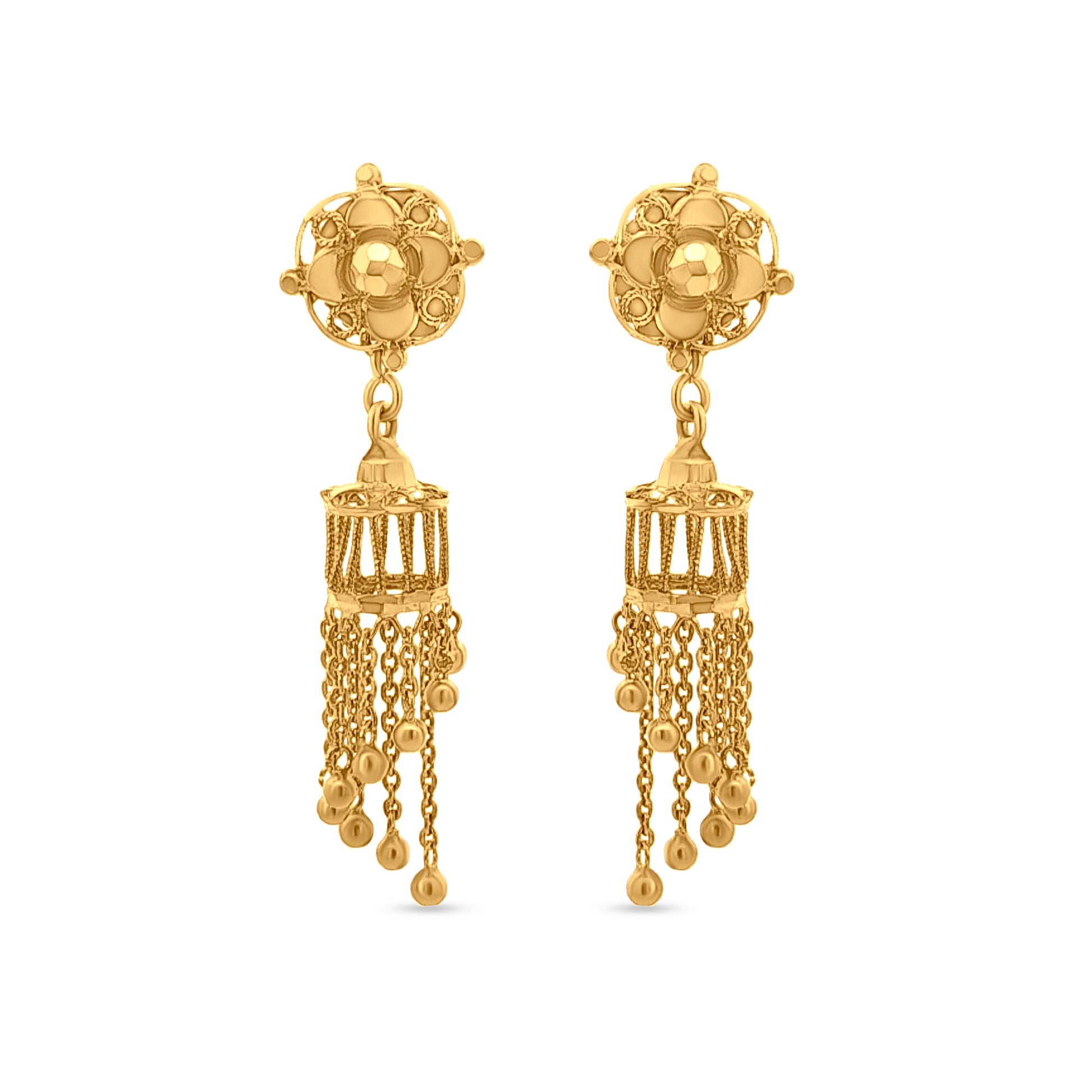 22K Yellow Gold Jhumka Earrings with Floral Button on Top