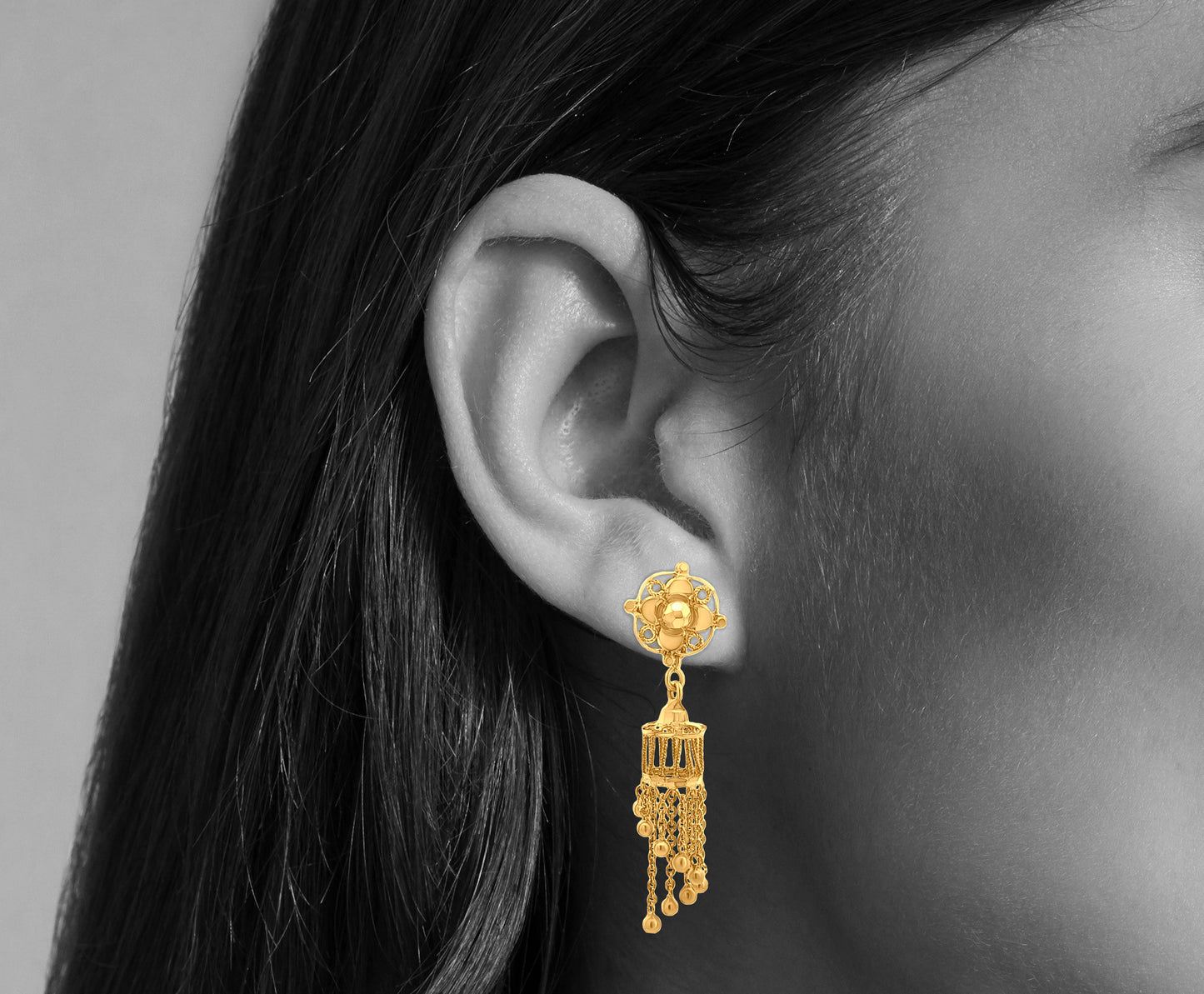 22K Yellow Gold Jhumka Earrings with Floral Button on Top