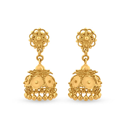 22K Gold Long Classical Filigree work Jhumka Earrings