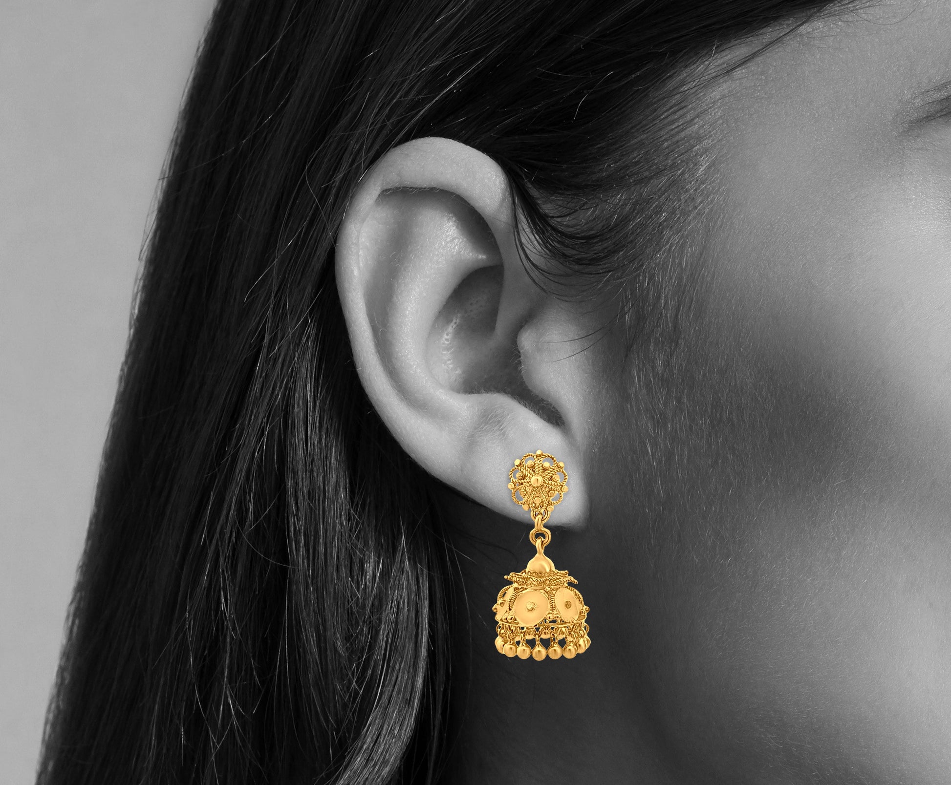 22K Gold Long Classical Filigree work Jhumka Earrings