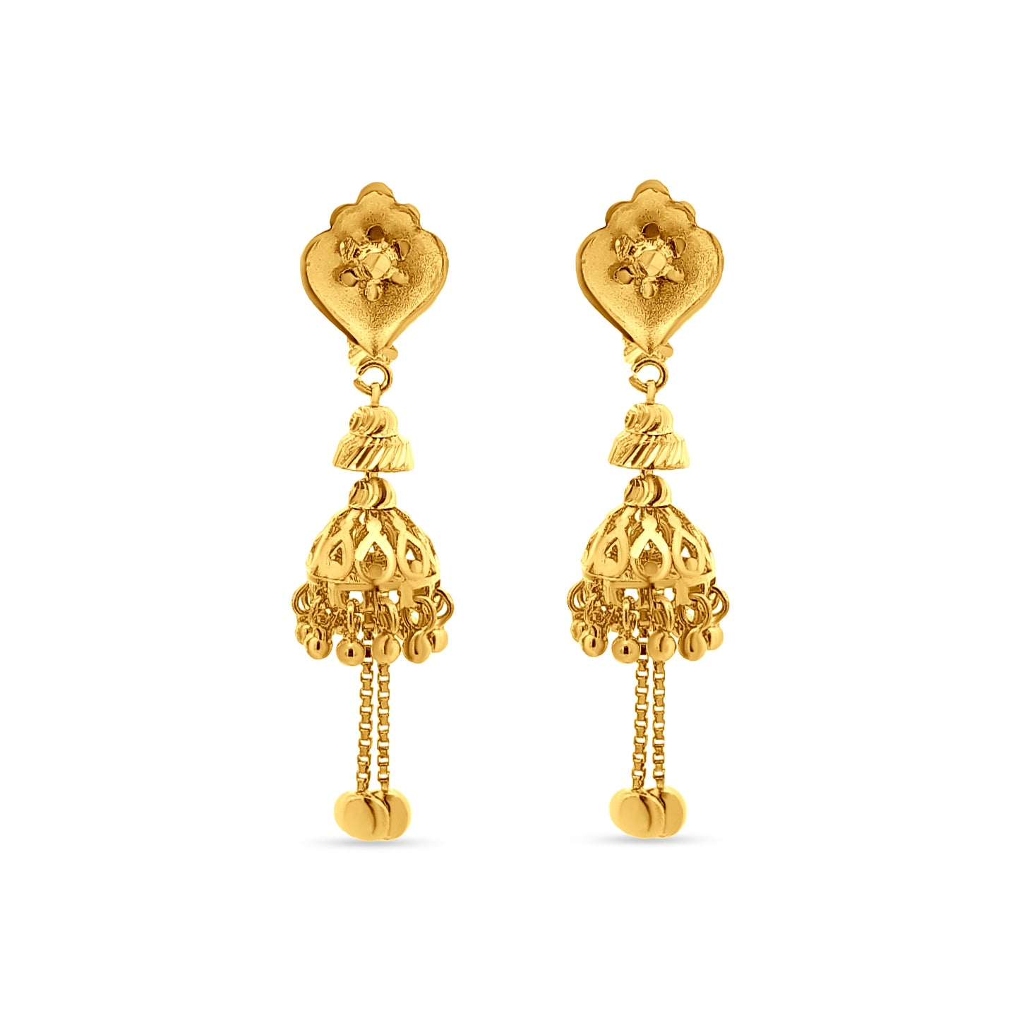 22K Gold Long Traditional Jhumkas with Hanging Trinkets