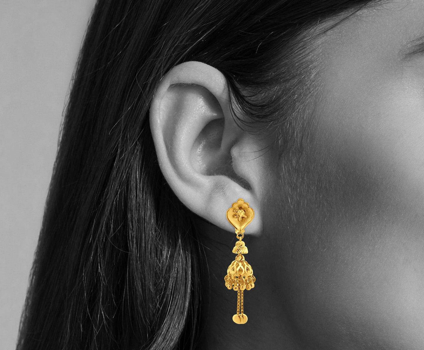 22K Gold Long Traditional Jhumkas with Hanging Trinkets