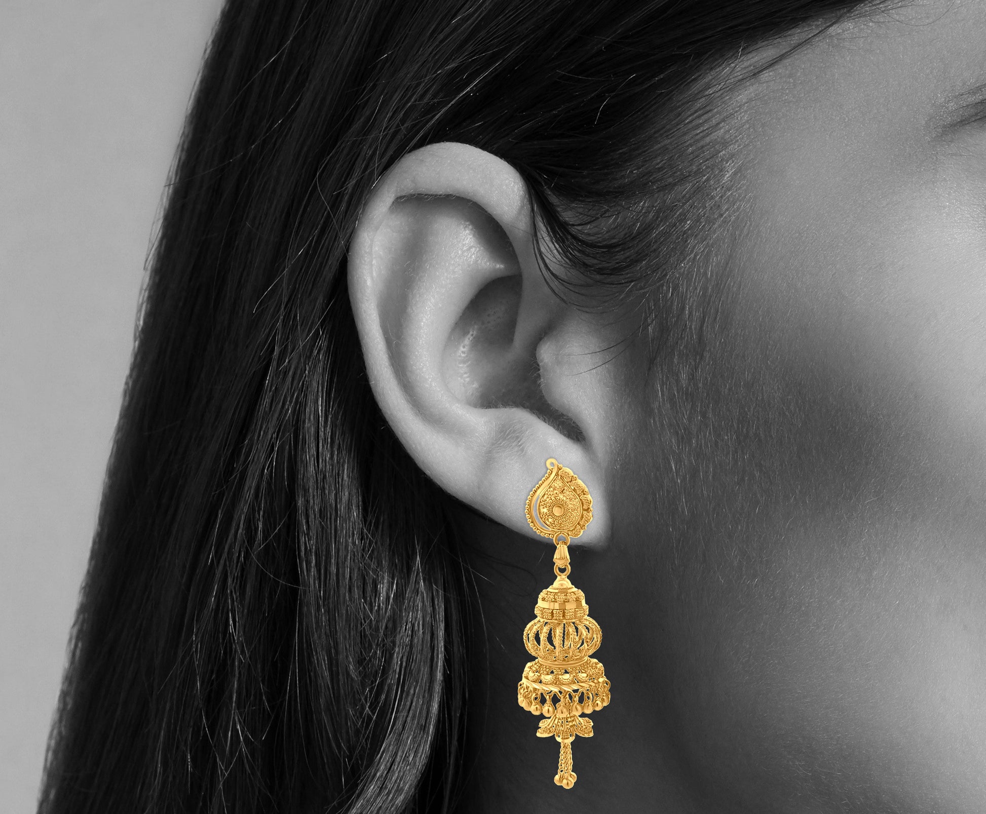 22K Yellow Gold Chandelier Arabic Jhumkas with Trinkets