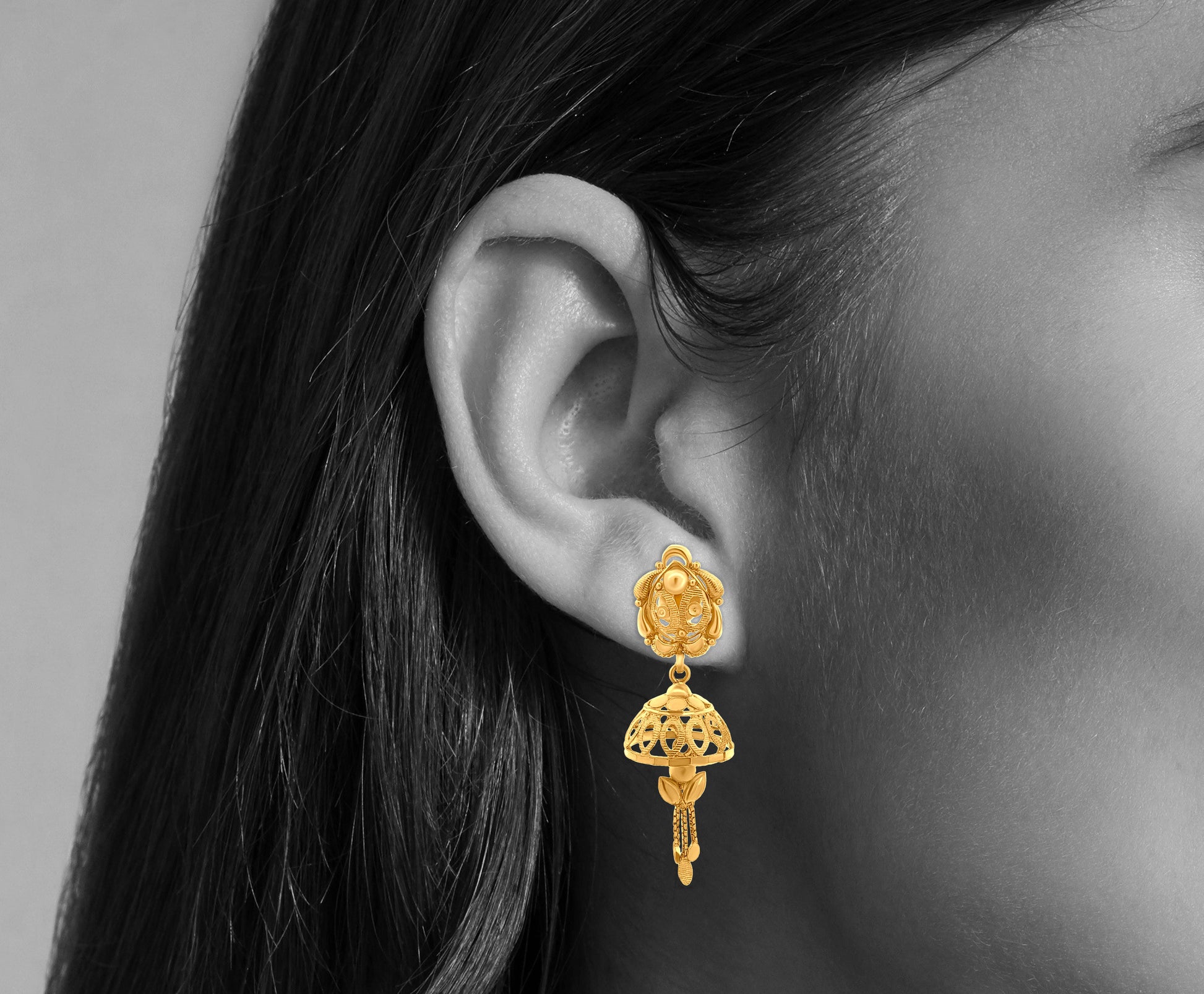 22K Gold Minimalistic Jhumkas with Hanging Trinklets