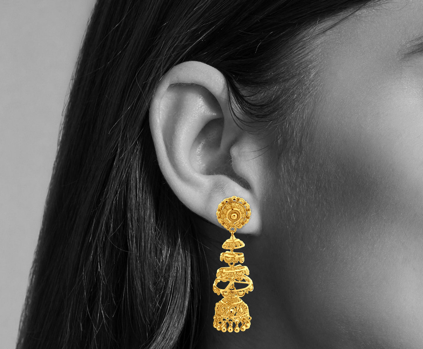 22K Gold Intricate Jhumkas with Hanging Golden Balls