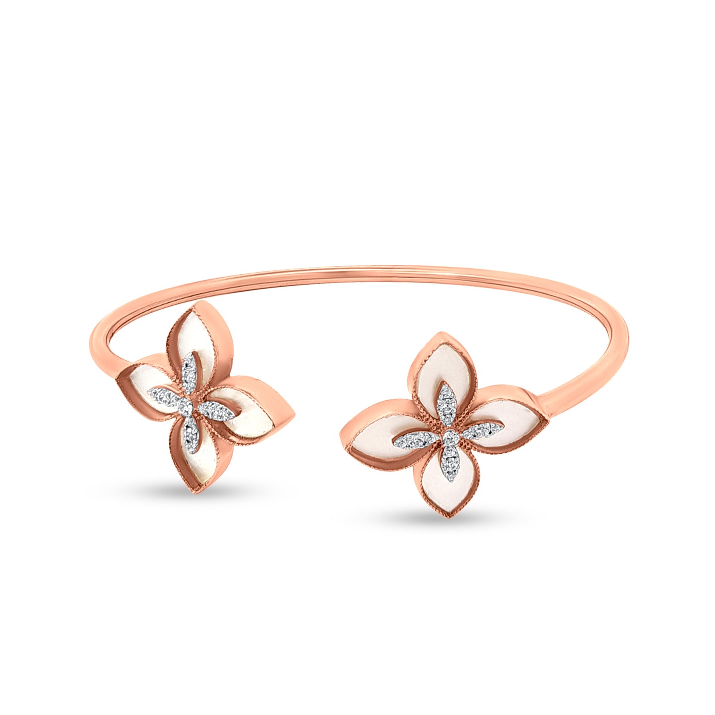 18K Rose Gold Enamel Floral Cuff Bangle