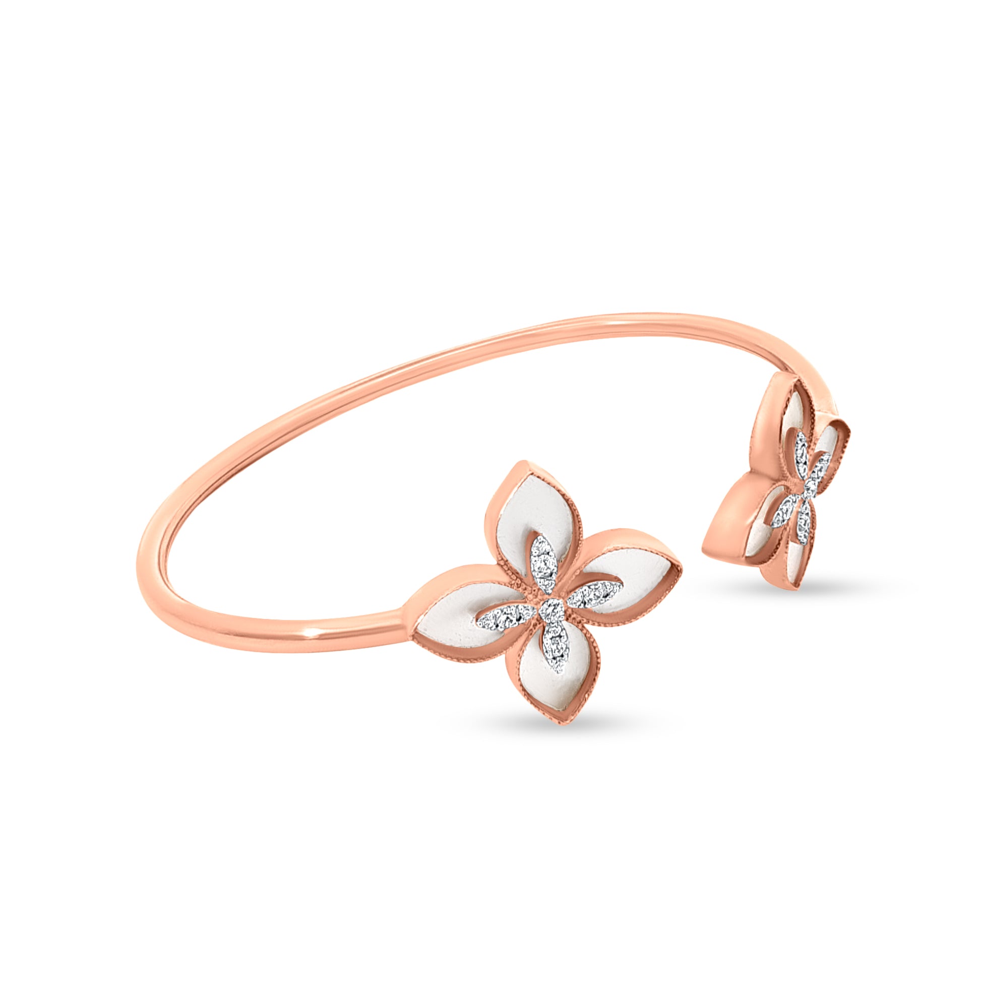 18K Rose Gold Enamel Floral Cuff Bangle