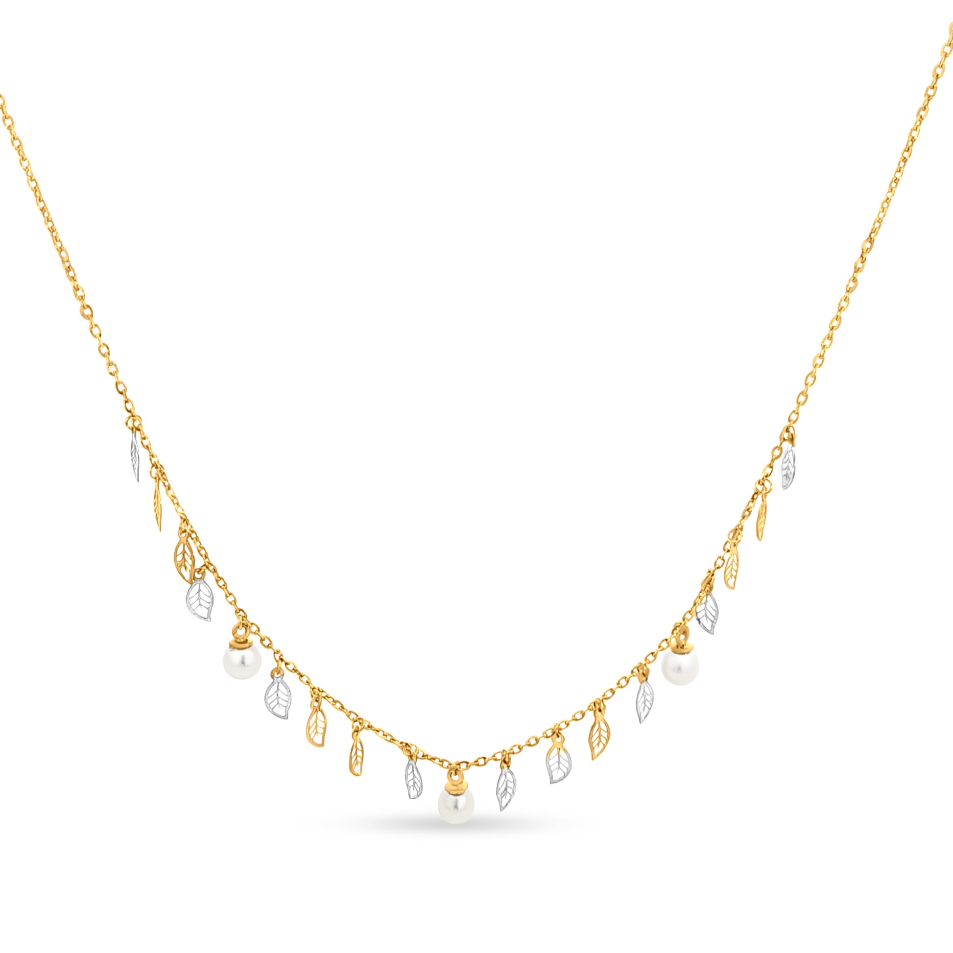 18K Gold Charm Necklace with Pearls and Leaves