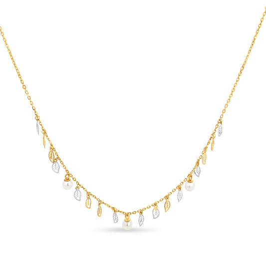 18K Gold Charm Necklace with Pearls and Leaves