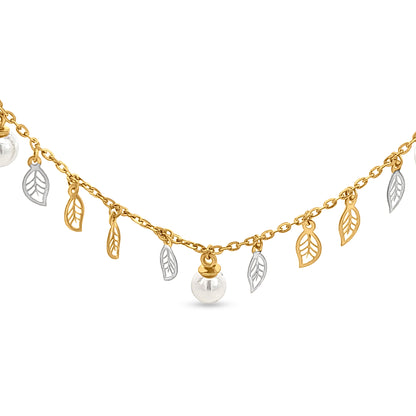 18K Gold Charm Necklace with Pearls and Leaves