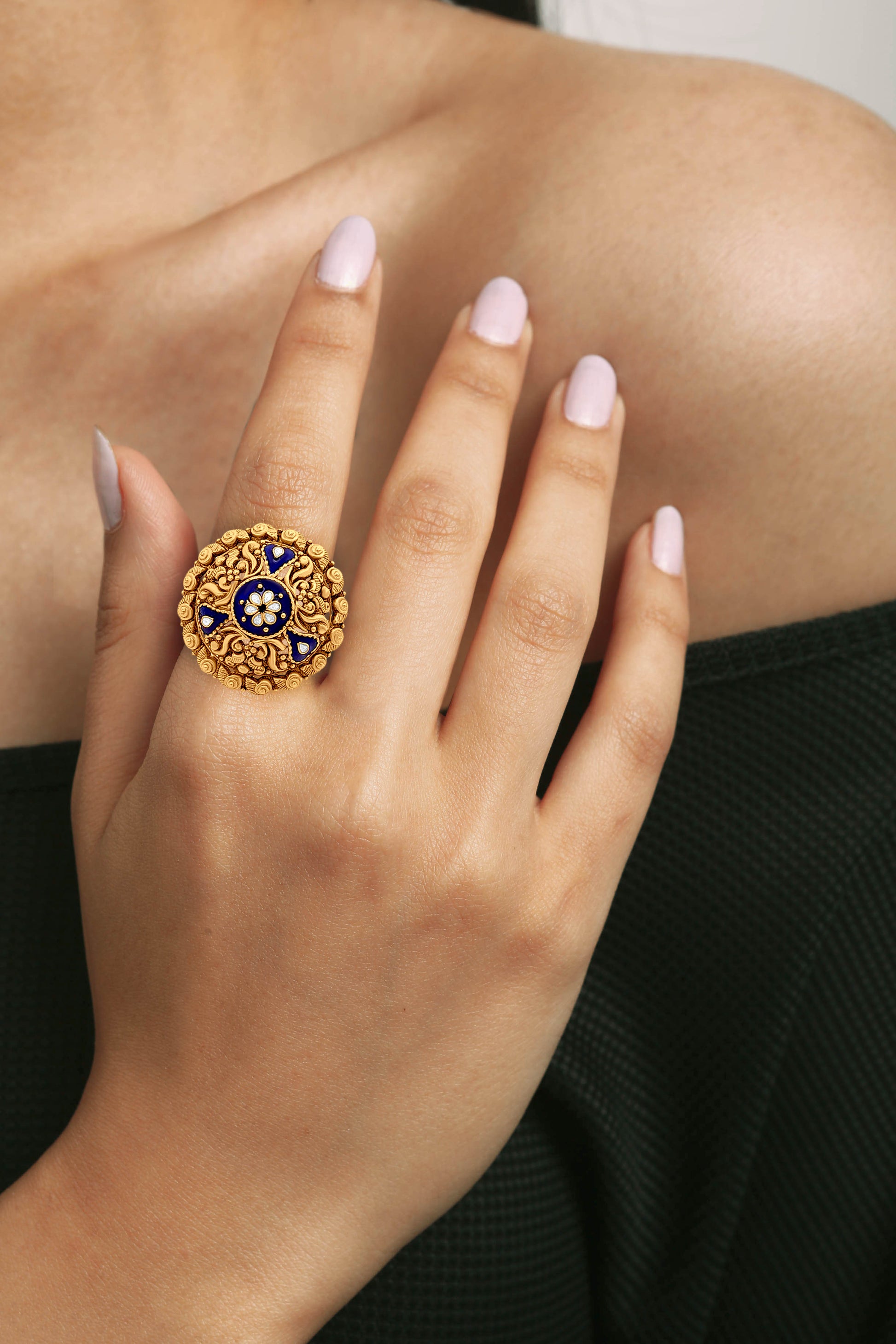 22k Gold Blue Enamel Dome Ring