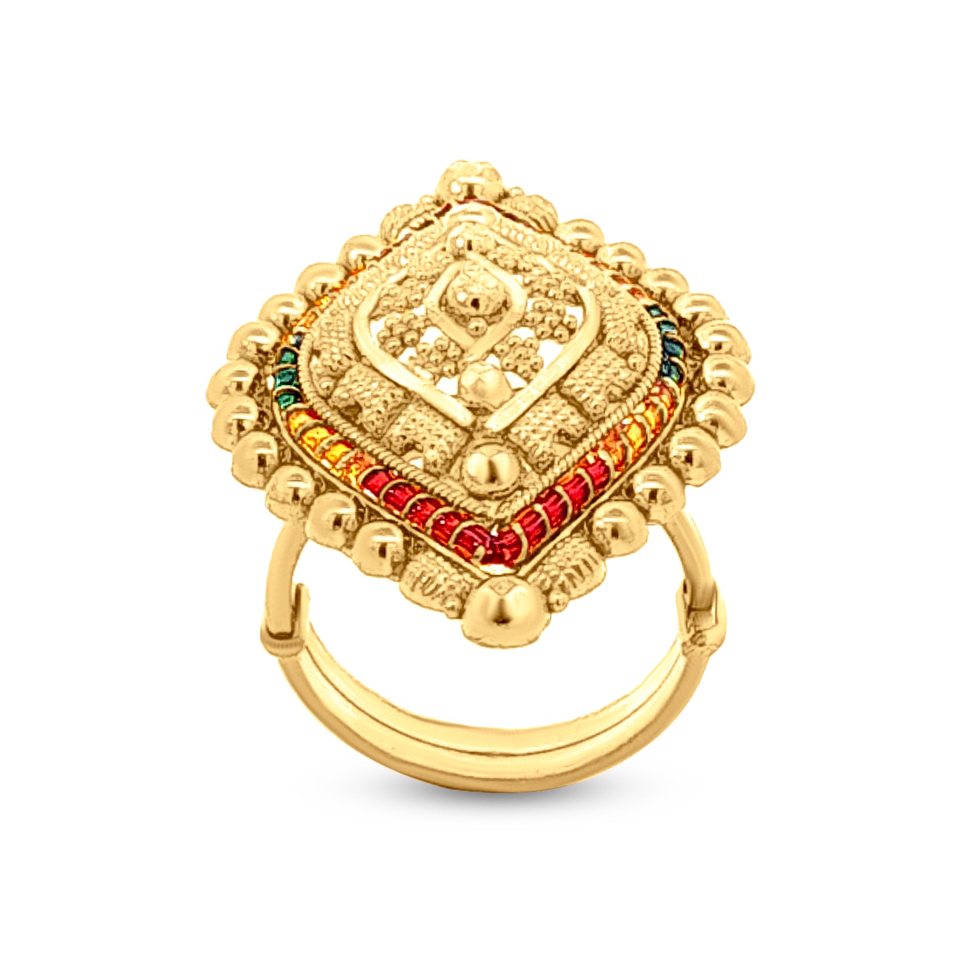 22k Gold Filigree Work Colorful Stone Traditional Engagement Ring